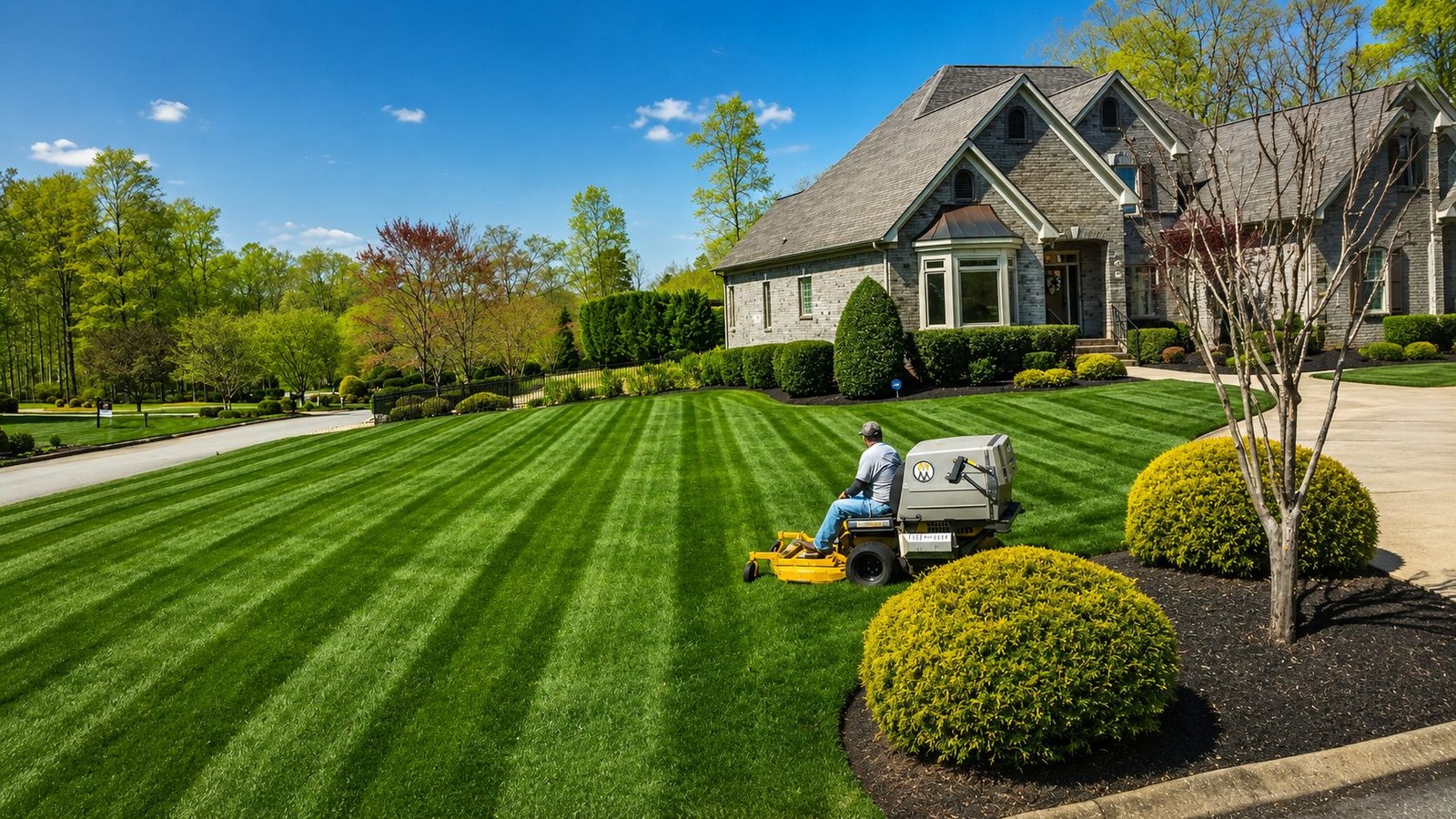 Freshly mowed striped lawn in front of a brick home